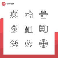 pacote de 9 sinais e símbolos de contornos modernos para mídia impressa na web, como explicação de reunião, fotografia, negócios, rosa, elementos de design de vetores editáveis