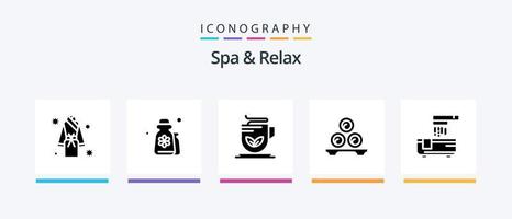 spa e relaxe o pacote de ícones do glifo 5, incluindo . chá . cosméticos . verde .. design de ícones criativos vetor