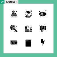 pacote de interface do usuário de 9 glifos sólidos básicos de diminuição de elementos de design de vetores editáveis de bug de busca de vírus