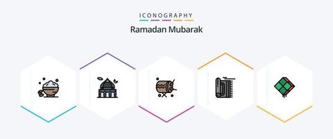 Pacote de ícones de linha preenchida do Ramadã 25, incluindo oração. Rezar. lua. tapete. instrumento vetor