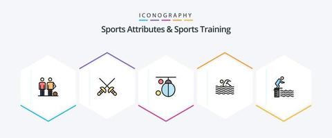 atributos esportivos e treinamento esportivo pacote de ícones de 25 linhas preenchidas, incluindo água. nadar. saco. esporte. Treinamento vetor