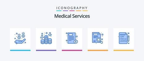 pacote de ícones azul 5 de serviços médicos, incluindo médico. saúde. cuidados de saúde. procurar. lupa. design de ícones criativos vetor