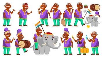 velho indiano posa vetor definido. pessoas idosas. hindu em turbante. pessoa sênior. envelhecido. festival tradicional, desfile. elefante. atividade. propaganda, saudação, design de anúncio. ilustração