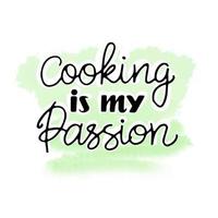 cozinhar é minha paixão, letras de mão em fundo aquarela, doodle vetor
