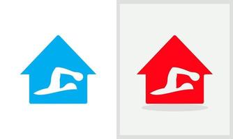 design de logotipo de casa de nadador. logotipo em casa com vetor de conceito de natação. design de logotipo de natação e casa