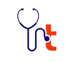 conceito do logotipo dos cuidados de saúde da letra t do estetoscópio vetor