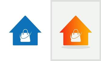 design de logotipo de casa de bolsa. logotipo da casa com vetor de conceito de sacola de compras. bolsa e design de logotipo para casa