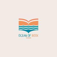 logotipo do livro mesclado com oceano, praia e céu crepuscular. vetor