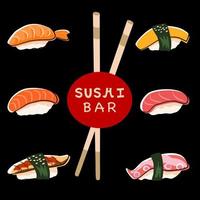 banner de conceito de barra de sushi com coleção de sushi nigiri e pauzinhos. cartaz quadrado com fundo escuro. vetor