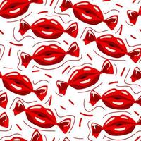 um padrão com lábios vermelhos em forma de doce em um fundo branco. os lábios são um papel de bala. boca fechada. padrão para o feriado do dia dos namorados. vetor