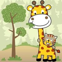 girafa fofa e tigre na floresta, ilustração de desenho vetorial vetor