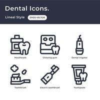 estilo de esboço de ícones odontológicos com enxaguatório bucal, goma de mascar, irrigador dental, escova de dentes, creme dental, escova de dentes elétrica vetor