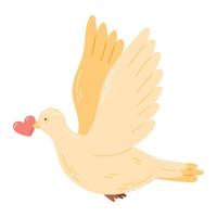 uma pomba com asas estendidas segurando um coração em seu bico. ilustração em vetor isolado dos desenhos animados.