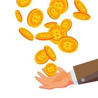 bitcoins caindo para vetor de mão de negócios. plana, ilustração de moedas de ouro dos desenhos animados. design de moeda de finanças de criptografia. fintech blockchain. moeda isolada