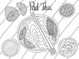 esboço de macarrão tailandês de almofada de vetor. almofada desenhada à mão prato tailandês com vista para a mesa vetor