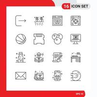 16 símbolos de sinais de contorno universal da página de educação de basquete, elementos de design de vetores editáveis na web