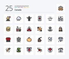 Canadá pacote de ícones cheios de 25 linhas, incluindo rio. folha. rua. Canadá. Móvel vetor
