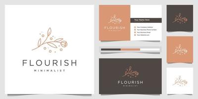 beleza elegante design de logotipo floral estilo de arte de linha design de logotipo feminino e cartão de visita vetor