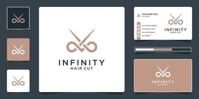 combinação criativa de infinito e logotipo de tesoura para logotipo de salão com modelo de cartão de visita vetor