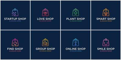 conjunto de modelo de design de logotipo de compras on-line criativo. linha minimalista combinar bolsa símbolo, iniciar, amor, planta, lâmpada inteligente, encontrar, grupo, bate-papo, lâmpada, loja online, sorriso. vetor
