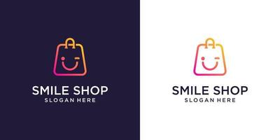 modelo de designs de logotipo de loja on-line, loja de sacolas e ícone de logotipo de símbolo de sorriso vetor
