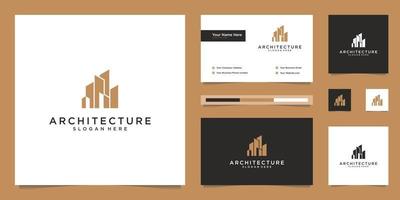 design de logotipo arquitetônico e modelos de cartão de visita. estrutura abstrata de imóveis, edifício, construção, apartamento. vetor