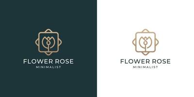 design de logotipo de flor rosa de luxo com estilo de arte de linha vetor