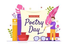 dia mundial da poesia em 21 de março ilustração com uma pena, papel ou máquina de escrever para banner da web ou página inicial em modelos desenhados à mão de desenhos animados planos vetor