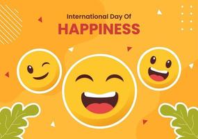 dia mundial da felicidade com rosto sorridente fundo plano dos desenhos animados ilustração de modelos desenhados à mão vetor