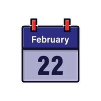 22 de fevereiro, ícone do calendário. dia mês. hora marcada para reunião. data de agendamento do evento. ilustração em vetor plana.
