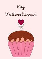 cartão de dia dos namorados com cupcake e texto bonito. ilustração vetorial vetor