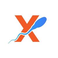 letra x logotipo do esperma. logotipo médico do banco de células de esperma vetor