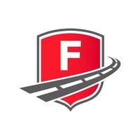 logotipo de transporte com o conceito de escudo. modelo de frete de design de logotipo de estrada de transporte letra f vetor