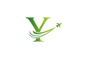 conceito de design de logotipo de viagem letra y com símbolo de avião voador vetor