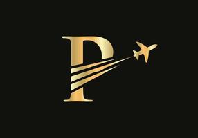 conceito de design de logotipo de viagem letra p com símbolo de avião voador vetor