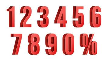 vetor de números de desconto vermelho 3D. por cento. números de 0 a 9. ícone de porcentagem definido em estilo 3d. isolado na ilustração branca