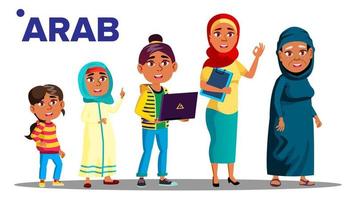árabe, vetor de pessoa do sexo feminino geração muçulmana. mãe, filha, neta, bebê, adolescente. vetor. ilustração isolada