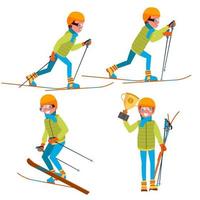 vetor de esqui jovem. cara. apreciando a paisagem de neve. esquiador e neve. ilustração plana dos desenhos animados