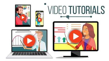 vetor de tutorial em vídeo. aplicativo de streaming. Educação online. transmissão. conferência ou webinar. crescimento do conhecimento à distância. telefone, laptop, bloco de notas, monitor. treinamento webinário. ilustração plana