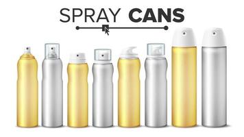 spray pode definir vetor. frascos de cosméticos brancos realistas em branco podem pulverizar, desodorante, purificador de ar. com tampa e sem. embalagem 3D. brincar. ilustração isolada vetor