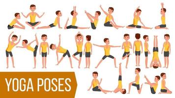 poses de homem de ioga vetor definido. relaxamento e meditação. alongamento e torção. praticando. corpo em poses diferentes. ilustração de personagem de desenho animado