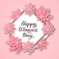 letras de caligrafia feliz dia das mulheres com flores de origami rosa. ilustração em vetor estilo de corte de papel. convites para festas do dia internacional da mulher, cartões comemorativos, pôster, banner, etc.