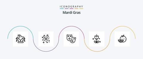 Mardi Gras Line 5 Icon Pack incluindo frutas. laranja. máscaras. presente. ramalhete vetor
