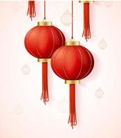 conjunto de lanterna de papel vermelho chinês 3d realista detalhado. vetor