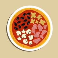 pizza quatro estações com queijo mussarela, presunto, molho de tomate, salame, bacon, cogumelos, pimenta, especiarias e manjericão fresco. pizza italiana na chapa branca