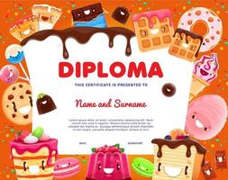 diploma infantil padaria, biscoito, bolo e torta de desenhos animados vetor