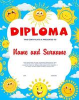 diploma infantil com personagens de sol sorridentes de desenhos animados vetor