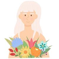 mulher com cabelo loiro com buquê de flores feliz dia da mulher 8 de março. ilustração vetorial de um encontro, mulheres e um buquê de flores. vetor