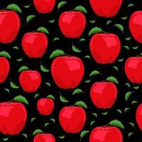ícone de maçã vermelha isolado no fundo preto sem costura. Folha verde. fruta suculenta. vetor