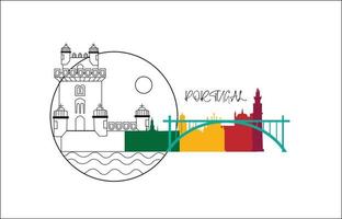 design de banner do dia nacional de portugal. tema de bandeira e mapa português com fundo de marcos de lisboa. vetor